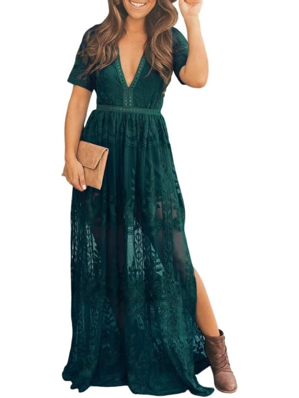 Women's Deep V-Neck Lace Romper Short Sleeve Long Dress